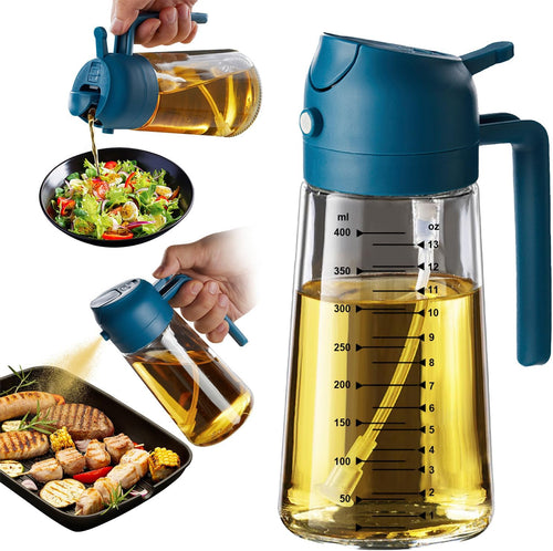 Blue olive oil sprayer next to cutting board