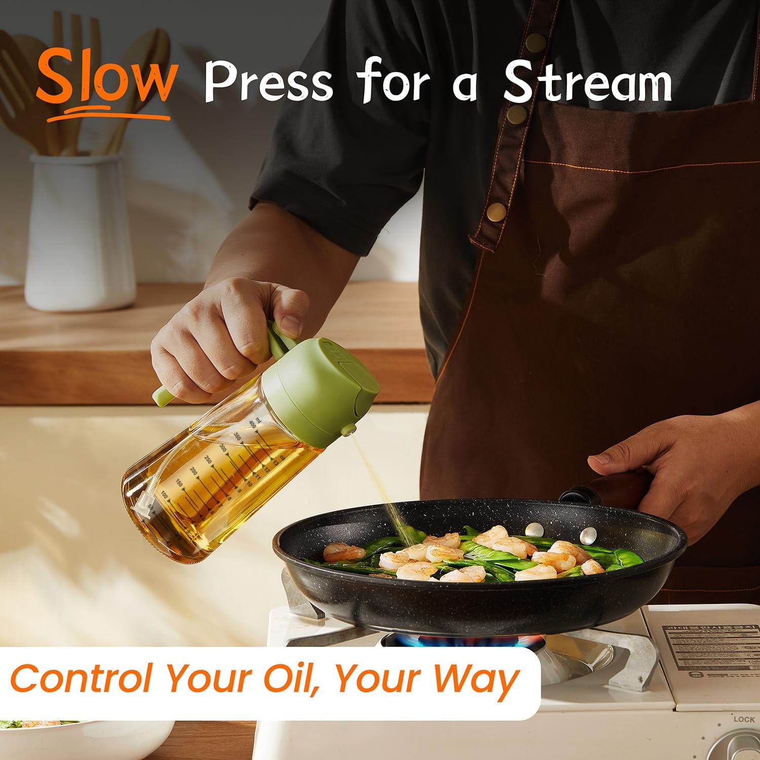 Pouring olive oil using Zorli green sprayer